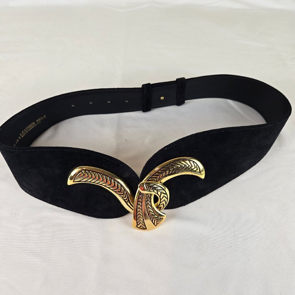 Art 9 Black Suede Wide Leather Belt Gold Hook Front Adjustable Screw Back VTG